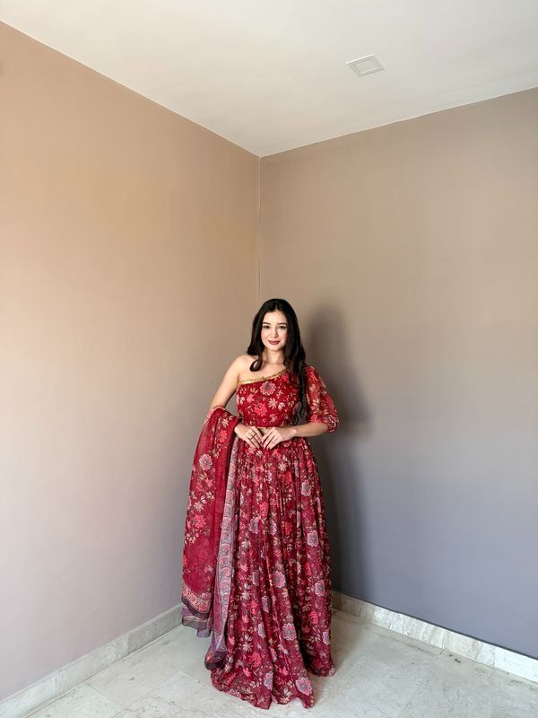 Red Floral Organza Lehenga Set with One Shoulder Blouse