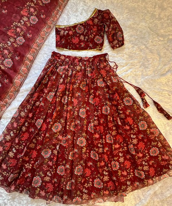 Red Floral Organza Lehenga Set with One Shoulder Blouse