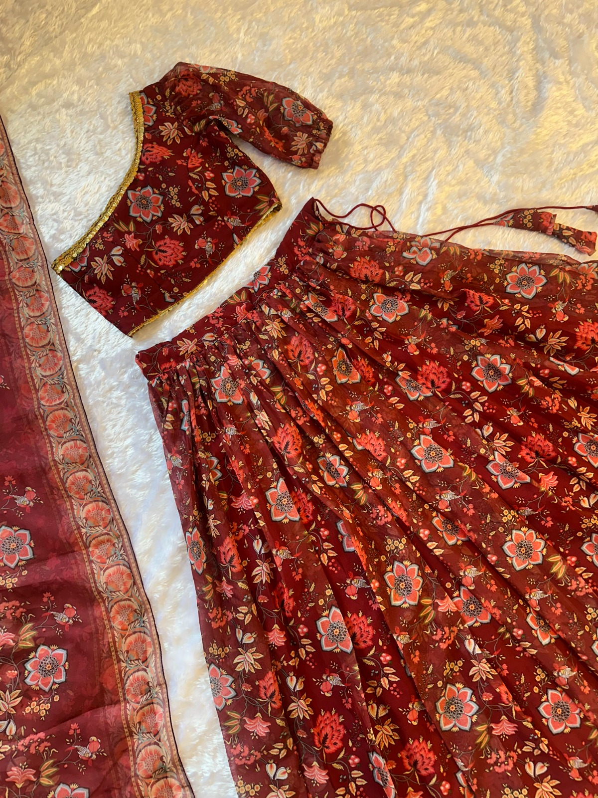 Red Floral Organza Lehenga Set with One Shoulder Blouse