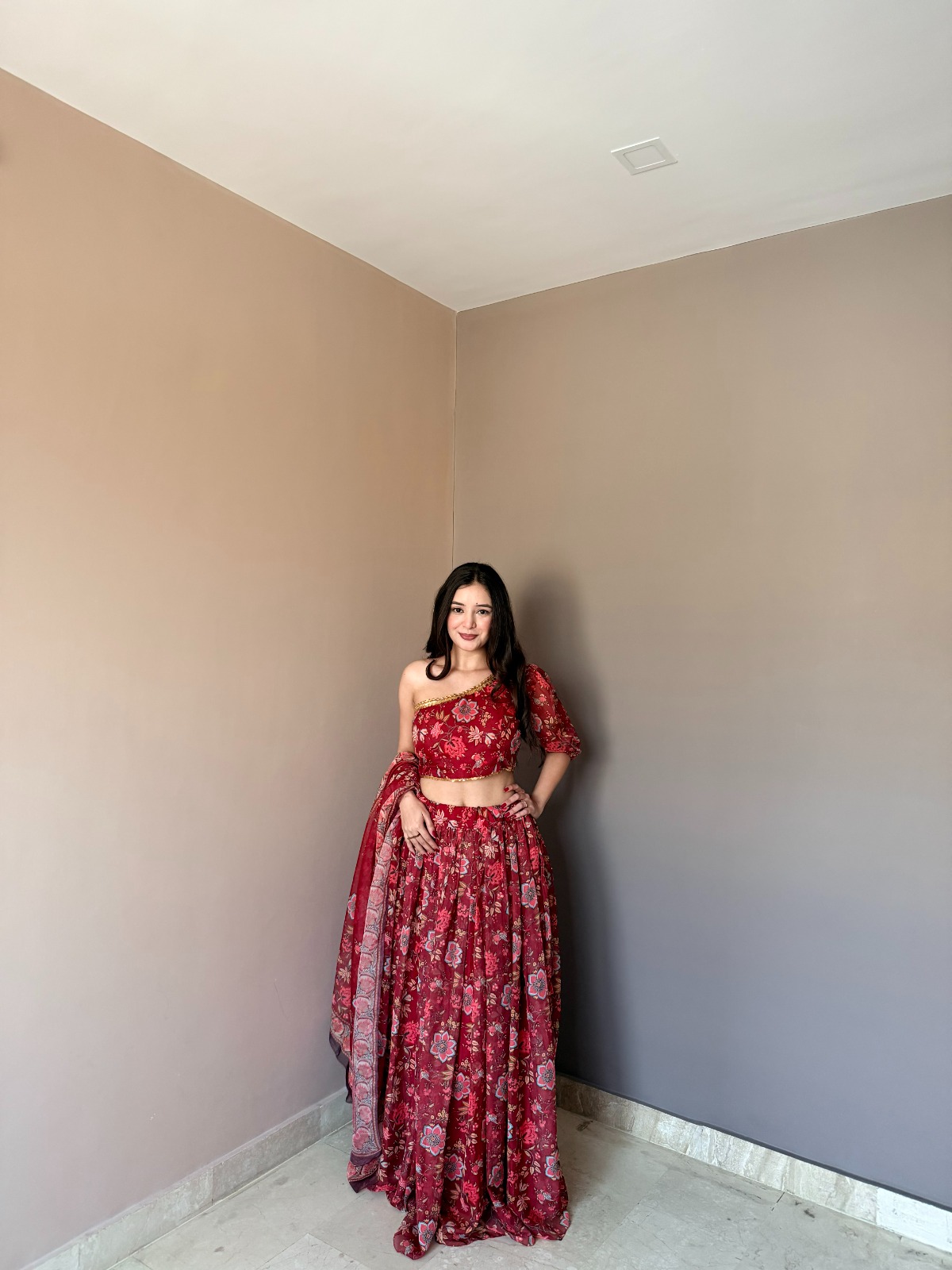 Red Floral Organza Lehenga Set with One Shoulder Blouse