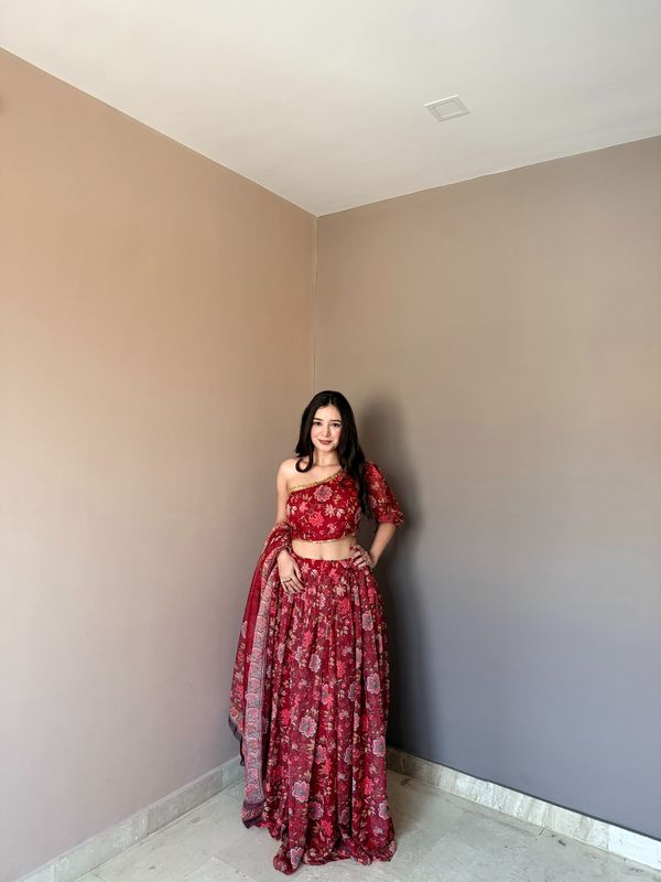 Red Floral Organza Lehenga Set with One Shoulder Blouse