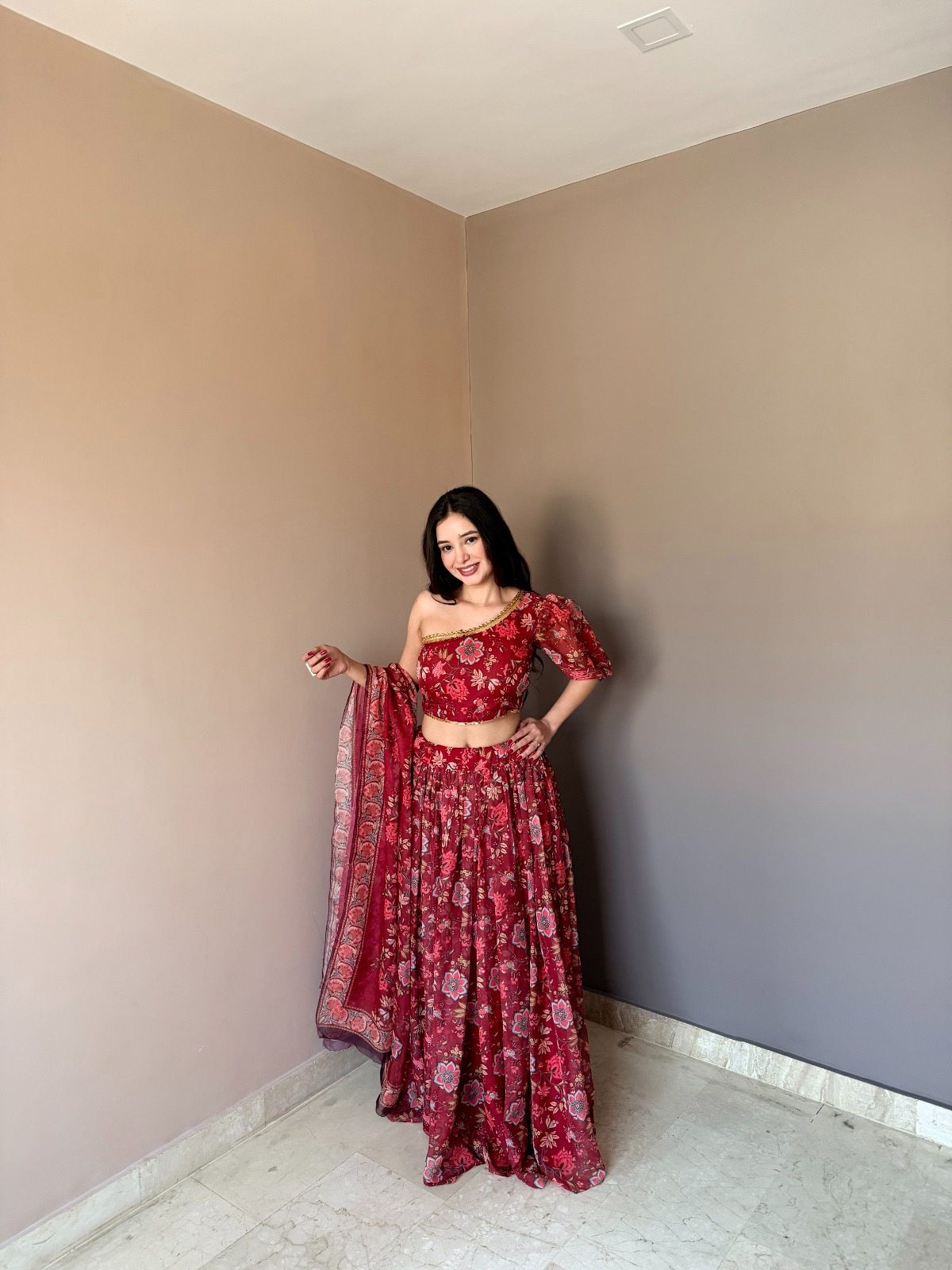 Red Floral Organza Lehenga Set with One Shoulder Blouse