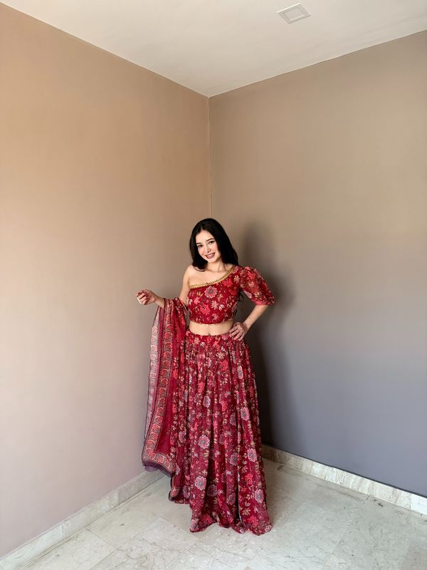 Red Floral Organza Lehenga Set with One Shoulder Blouse