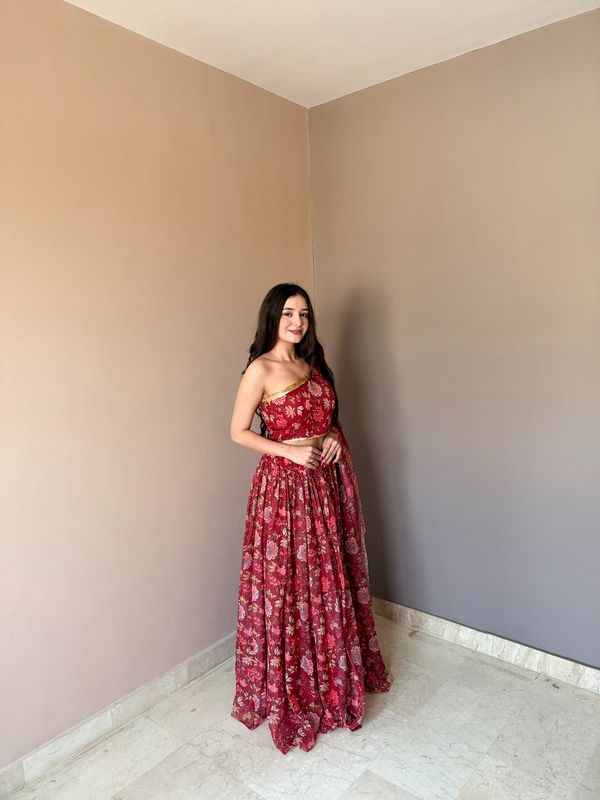 Red Floral Organza Lehenga Set with One Shoulder Blouse