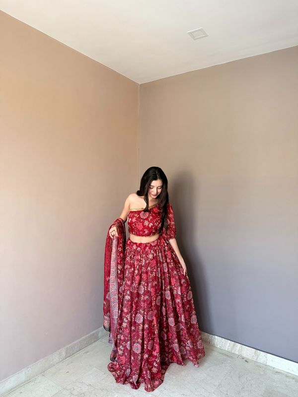 Red Floral Organza Lehenga Set with One Shoulder Blouse