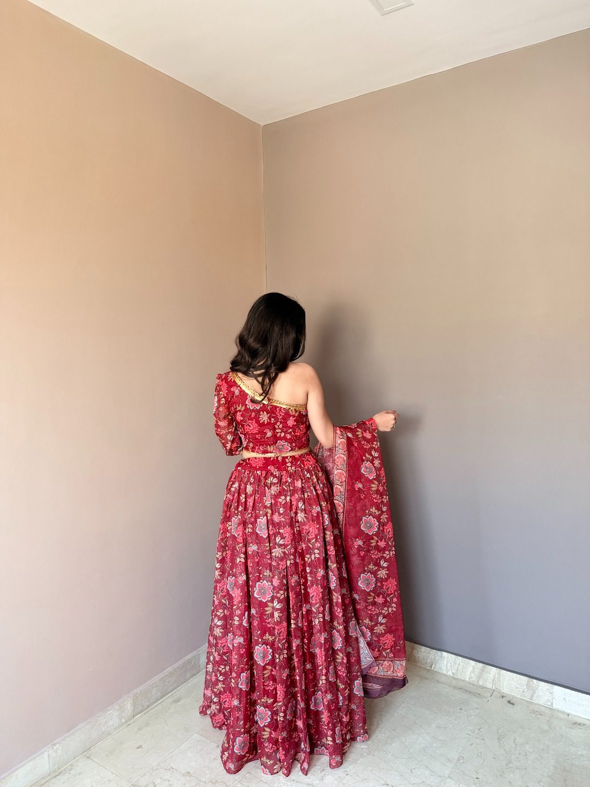 Red Floral Organza Lehenga Set with One Shoulder Blouse