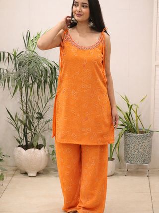 Orange Georgette Kurti Set with Mirror Work Detailing