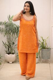 Orange Georgette Kurti Set with Mirror Work Detailing - Orange