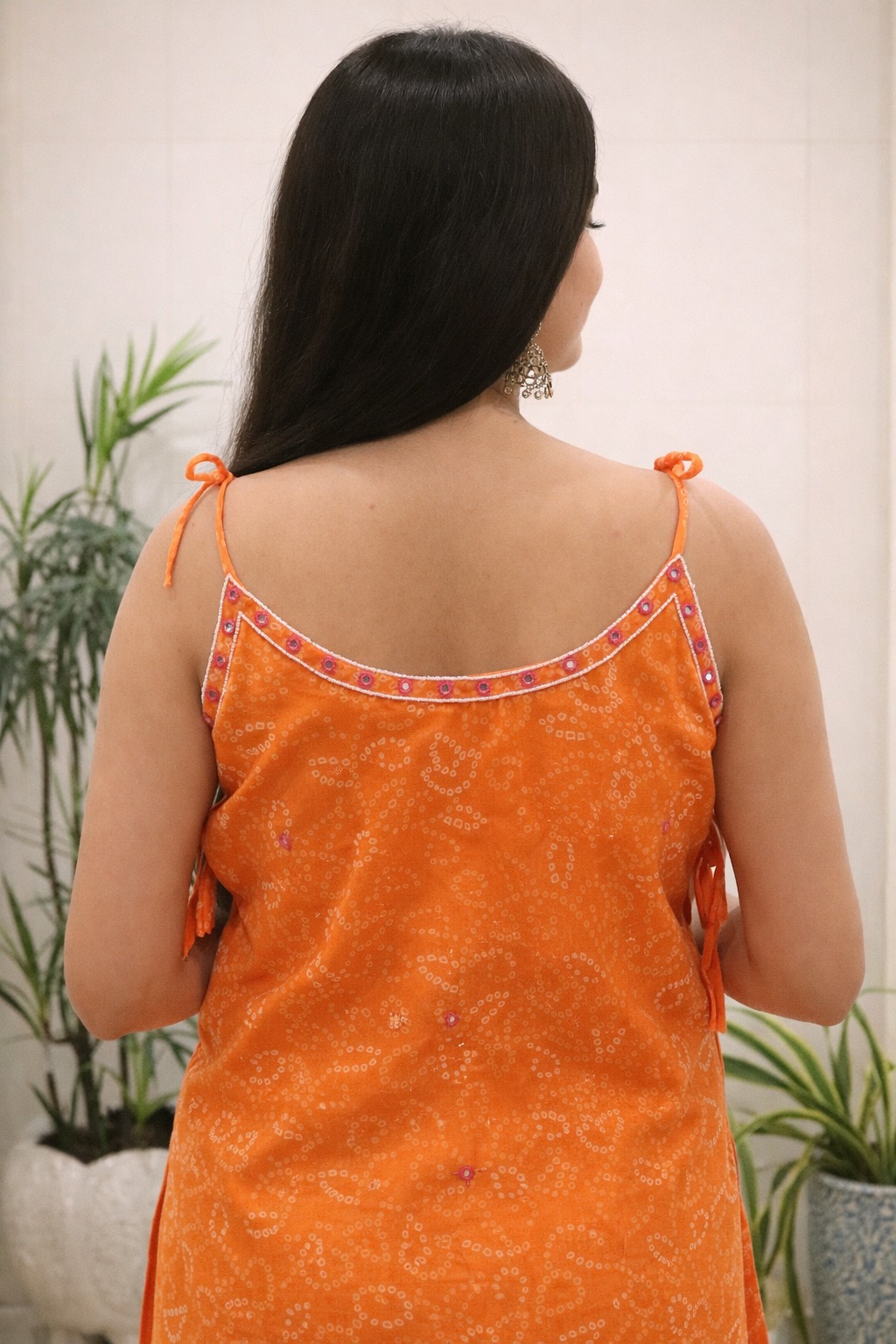 Orange Georgette Kurti Set with Mirror Work Detailing