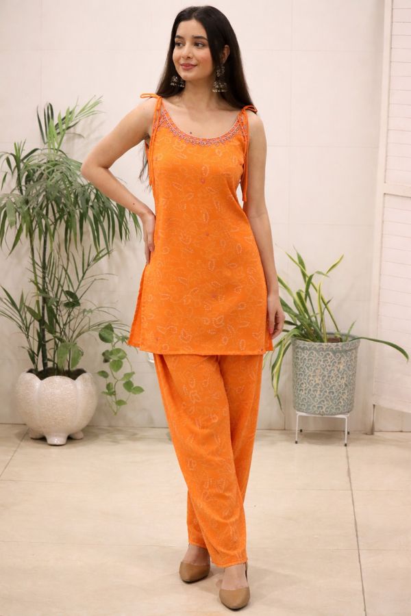 Orange Georgette Kurti Set With Mirror Work Detailing