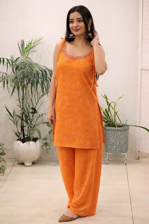 Orange Georgette Kurti Set with Mirror Work Detailing