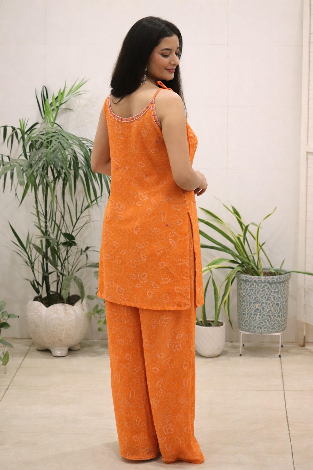 Orange Georgette Kurti Set with Mirror Work Detailing