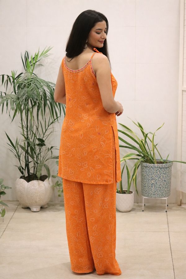 Orange Georgette Kurti Set with Mirror Work Detailing
