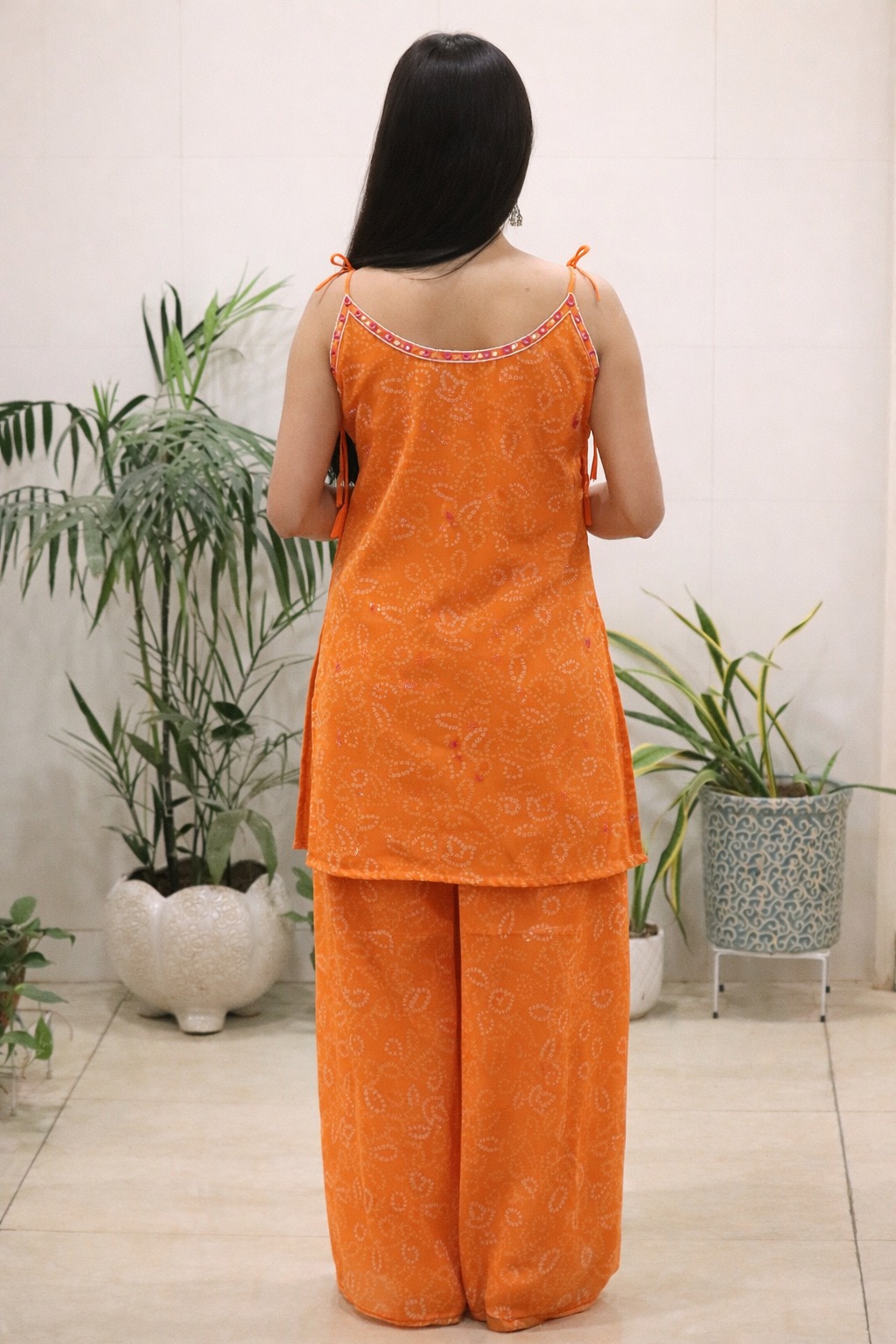 Orange Georgette Kurti Set with Mirror Work Detailing