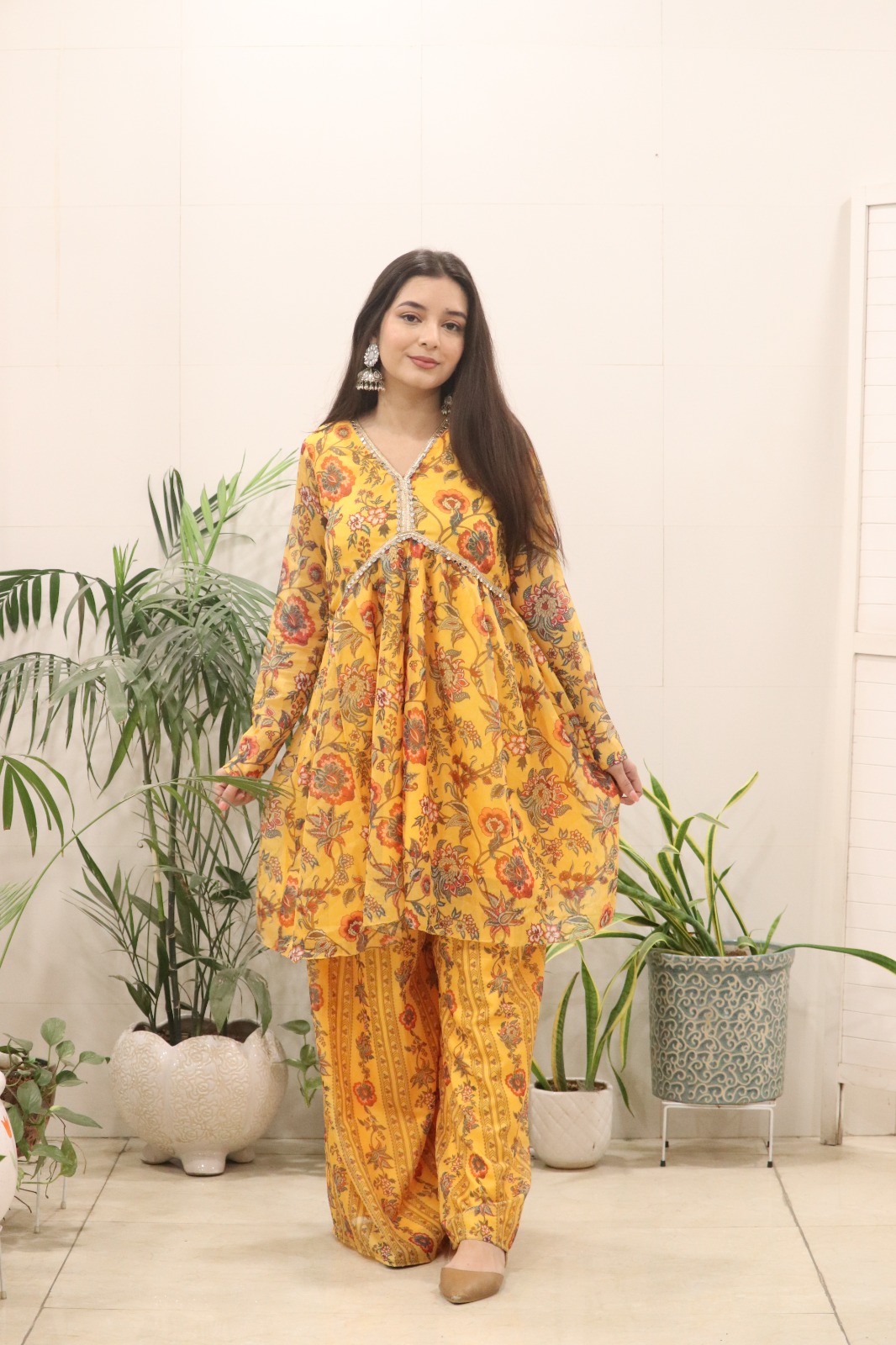 Sunshine Mustard Floral Organza Kurti Palazzo Set