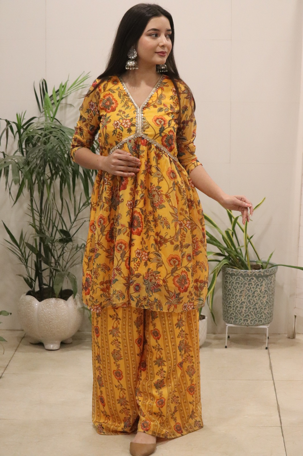 Sunshine Mustard Floral Organza Kurti Palazzo Set