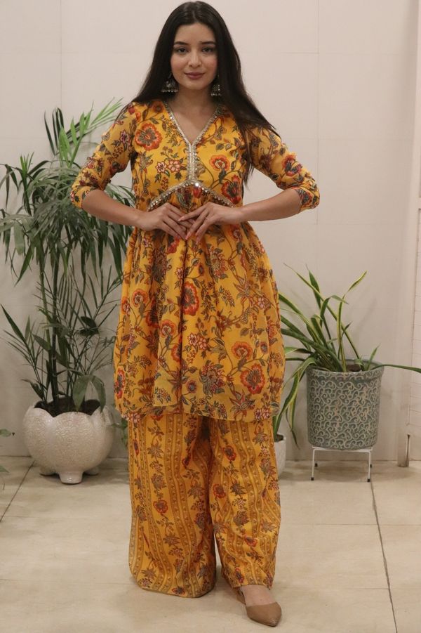 Sunshine Mustard Floral Organza Kurti Palazzo Set