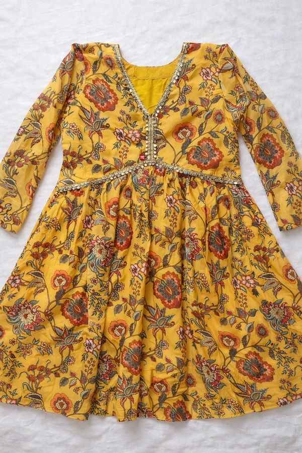 Sunshine Mustard Floral Organza Kurti Palazzo Set