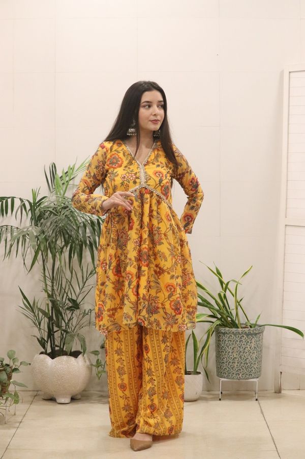 Sunshine Mustard Floral Organza Kurti Palazzo Set