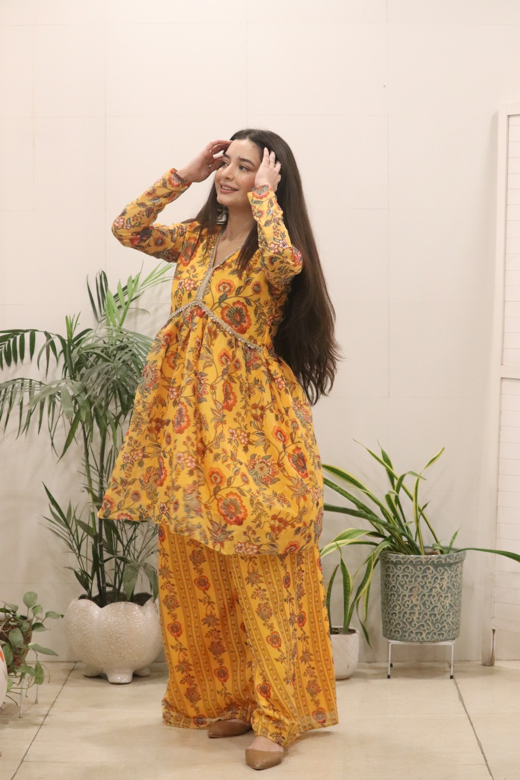 Sunshine Mustard Floral Organza Kurti Palazzo Set