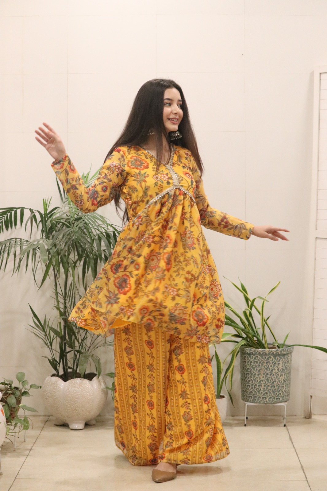 Sunshine Mustard Floral Organza Kurti Palazzo Set