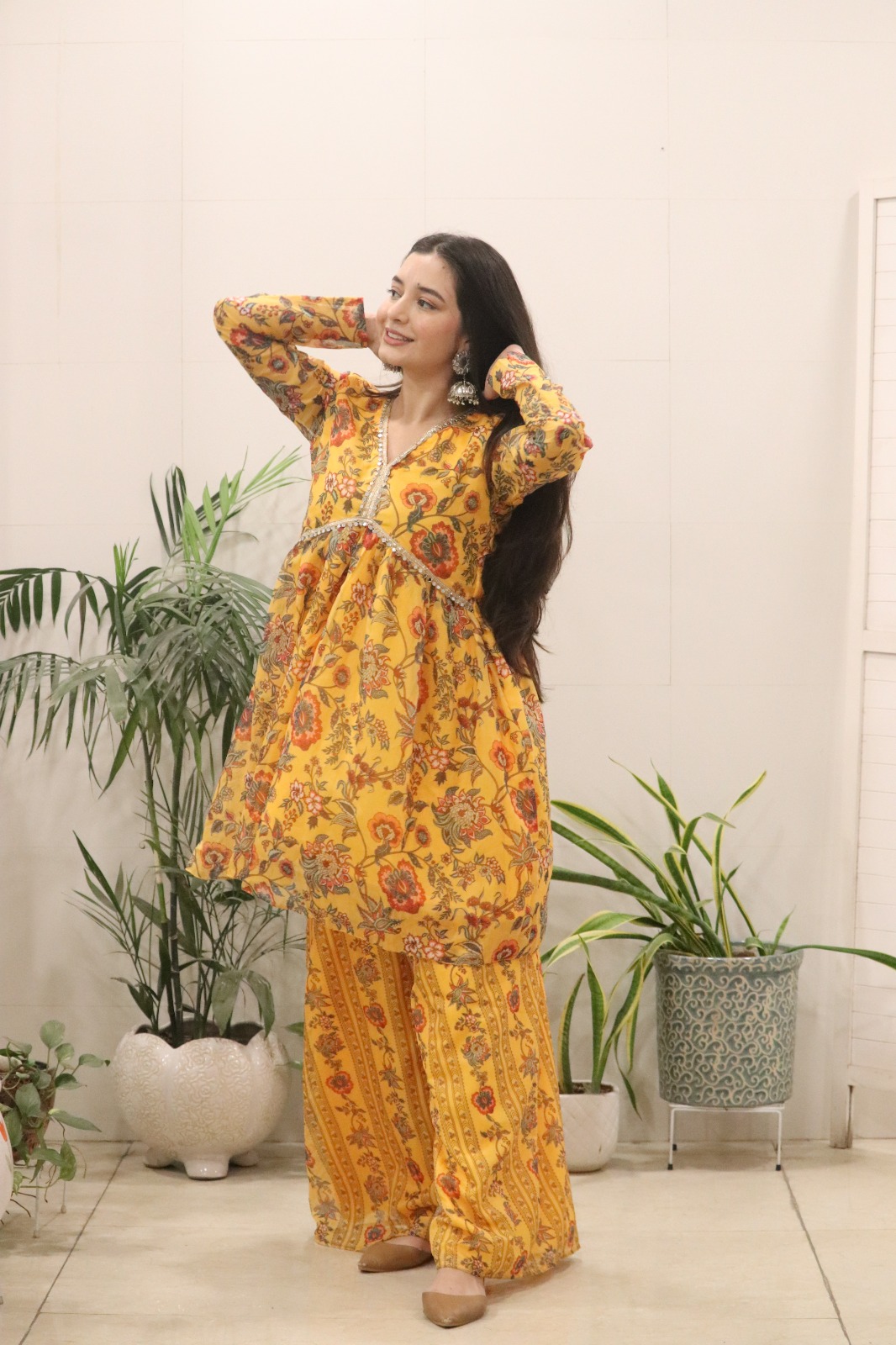 Sunshine Mustard Floral Organza Kurti Palazzo Set