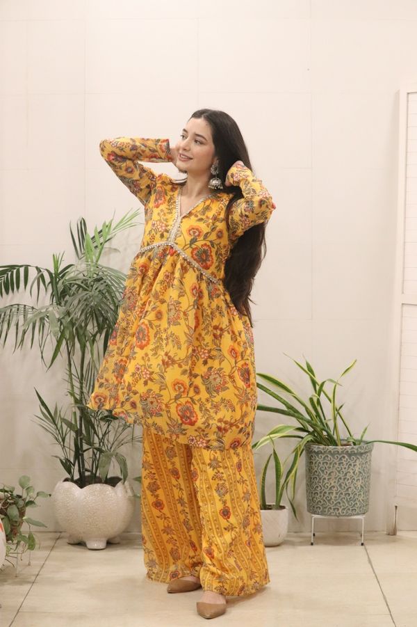 Sunshine Mustard Floral Organza Kurti Palazzo Set