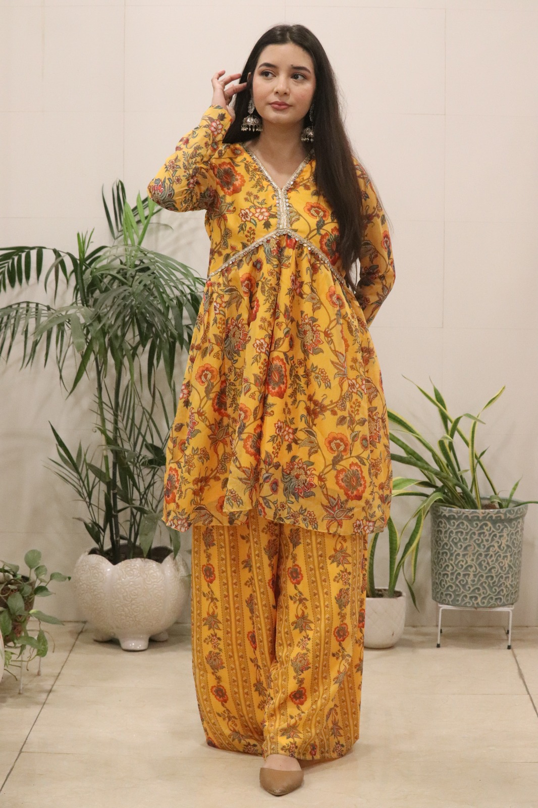Sunshine Mustard Floral Organza Kurti Palazzo Set