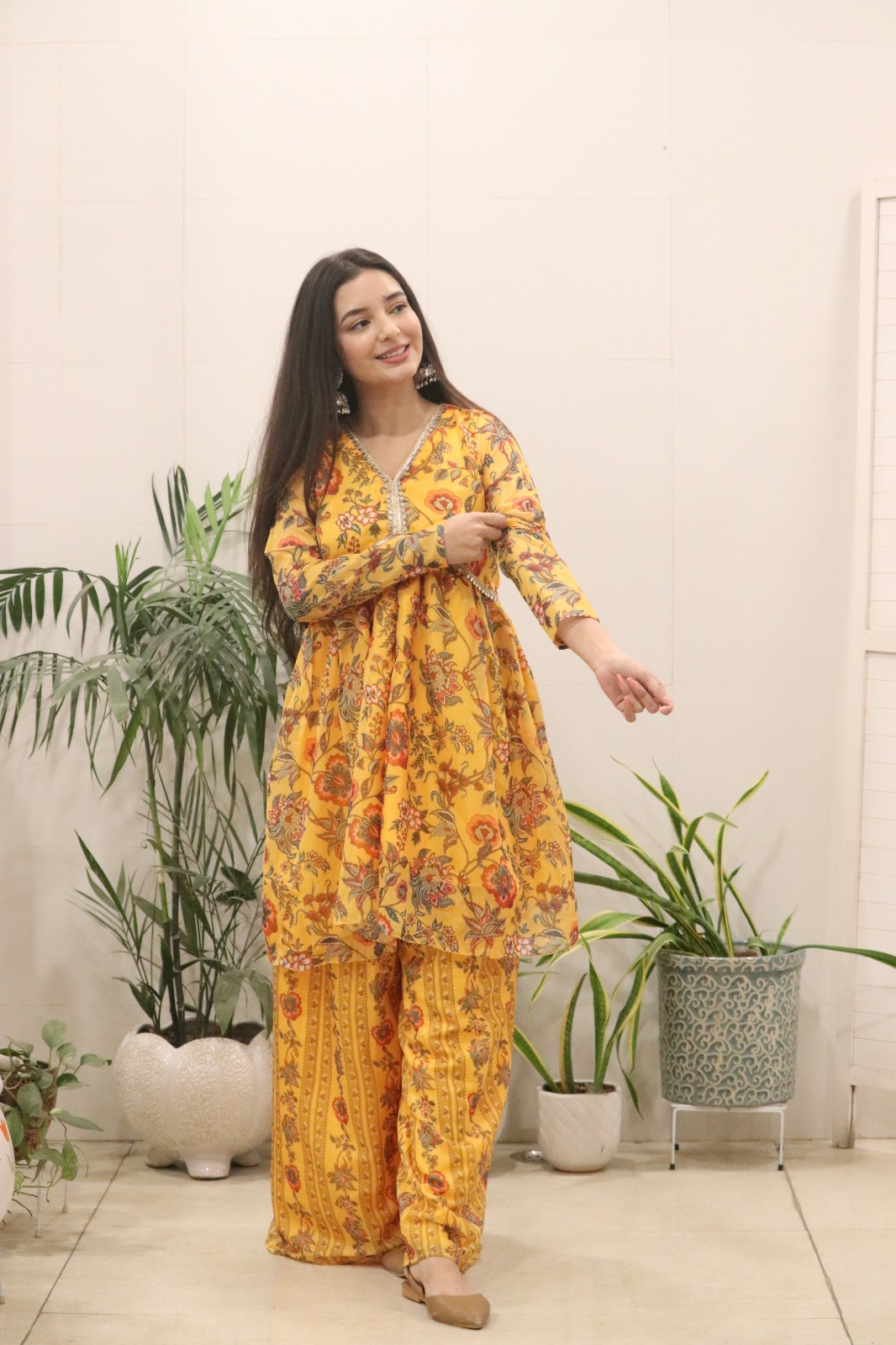 Sunshine Mustard Floral Organza Kurti Palazzo Set