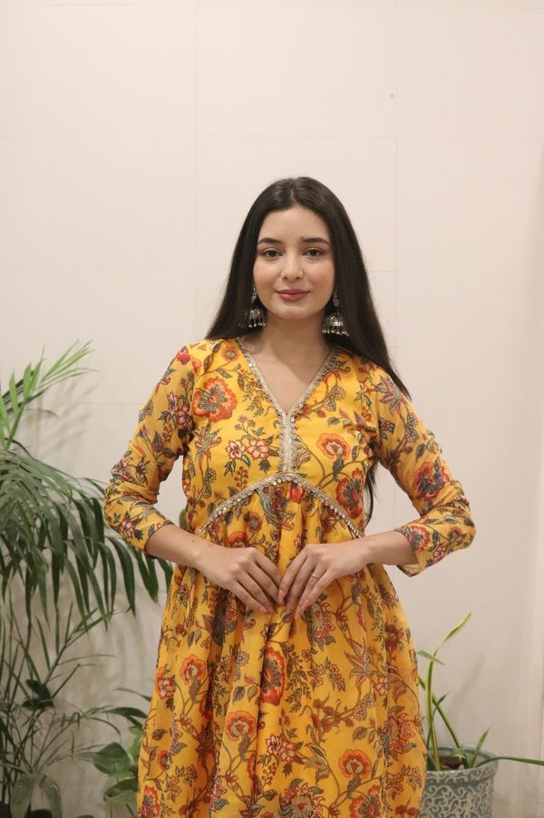 Sunshine Mustard Floral Organza Kurti Palazzo Set