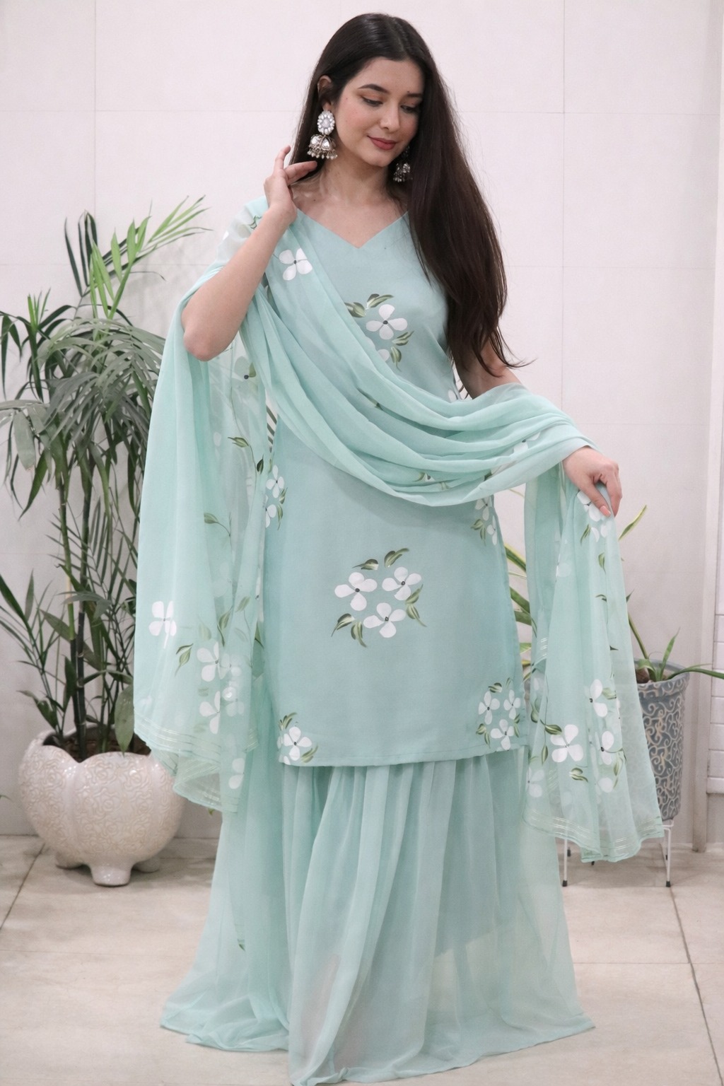 Elegant Mint Green Handpainted Sharara Set with Dupatta