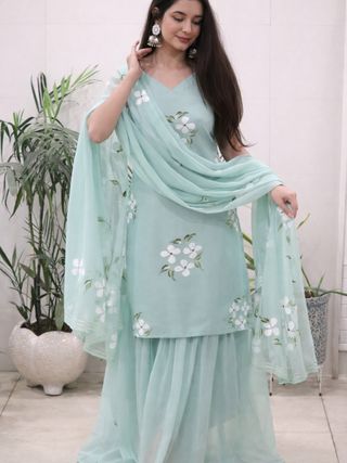 Elegant Mint Green Handpainted Sharara Set with Dupatta