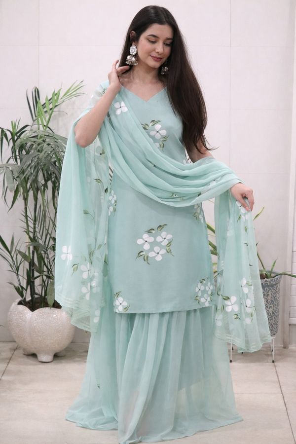 Elegant Mint Green Handpainted Sharara Set with Dupatta