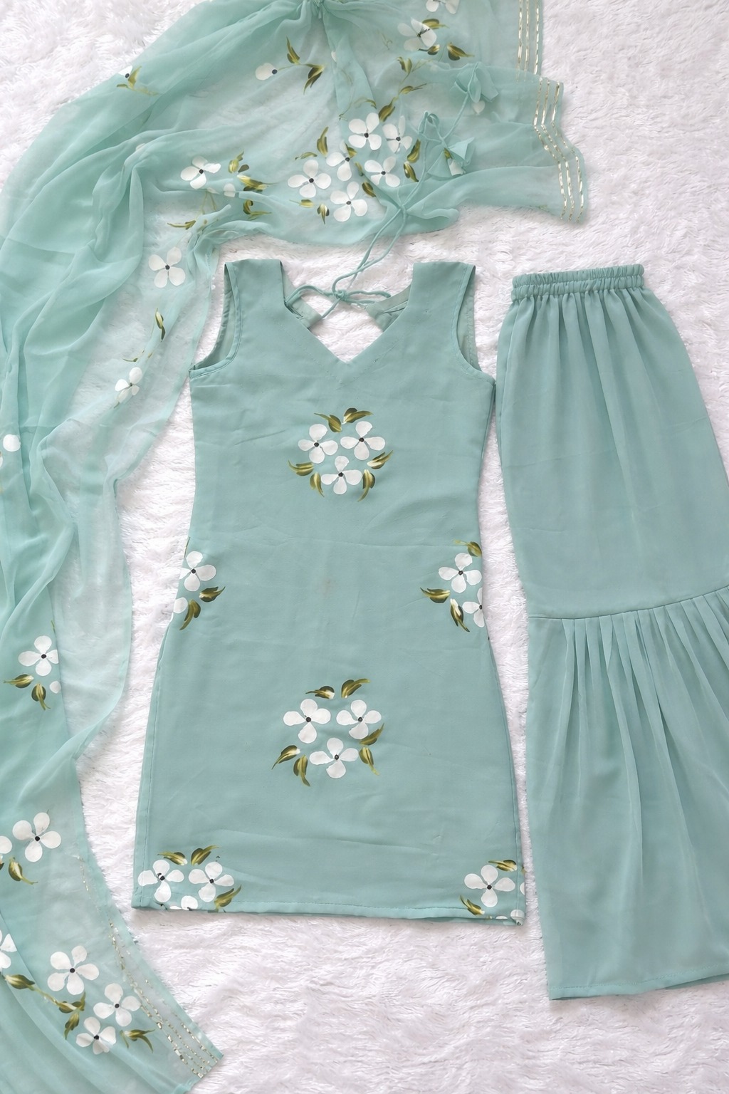 Elegant Mint Green Handpainted Sharara Set with Dupatta