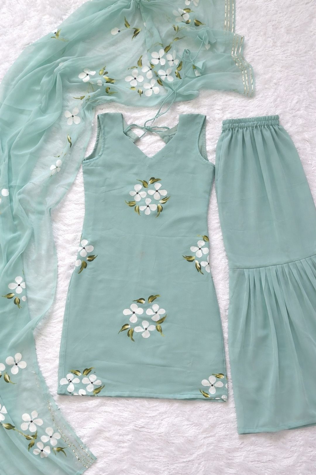 Elegant Mint Green Handpainted Sharara Set with Dupatta