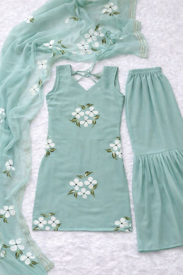 Elegant Mint Green Handpainted Sharara Set with Dupatta