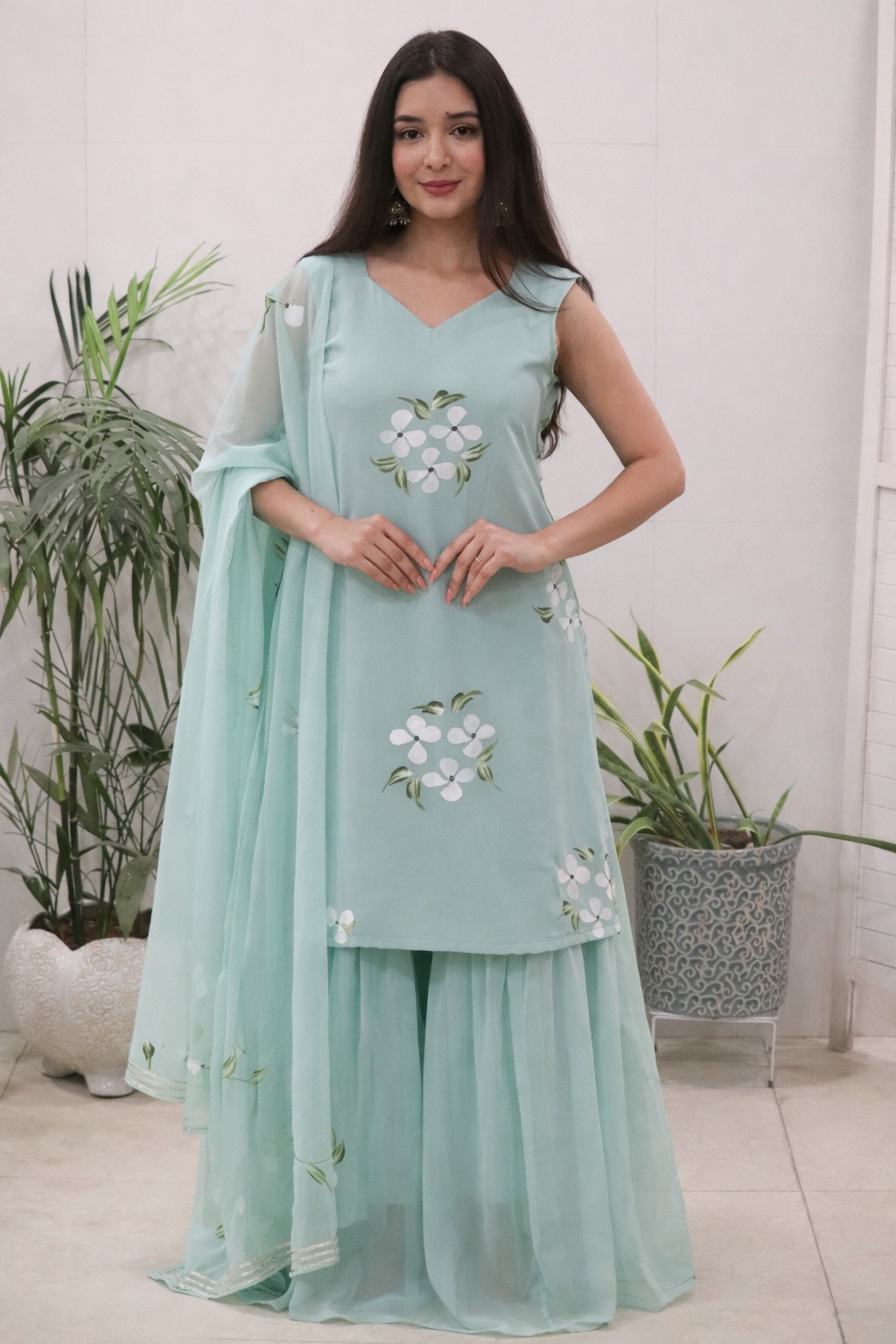 Elegant Mint Green Handpainted Sharara Set with Dupatta