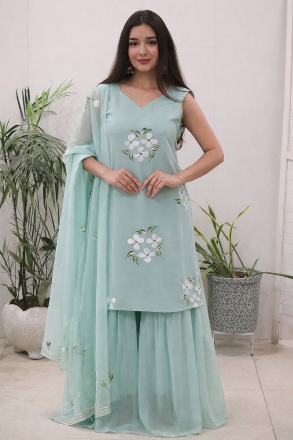 Elegant Mint Green Handpainted Sharara Set with Dupatta
