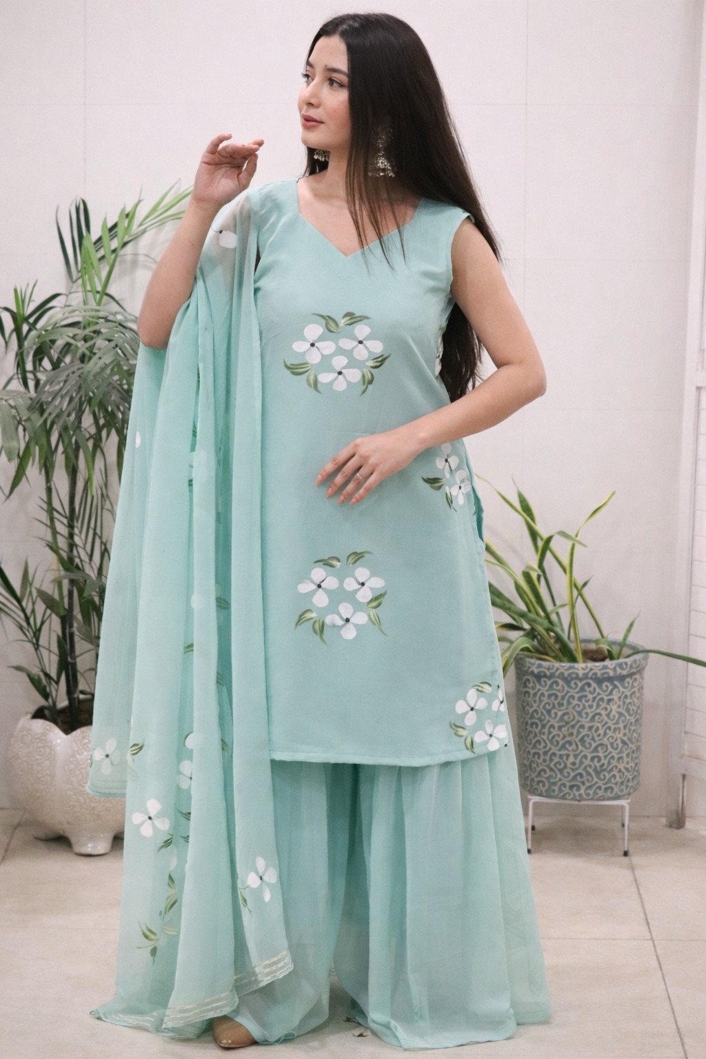 Elegant Mint Green Handpainted Sharara Set with Dupatta
