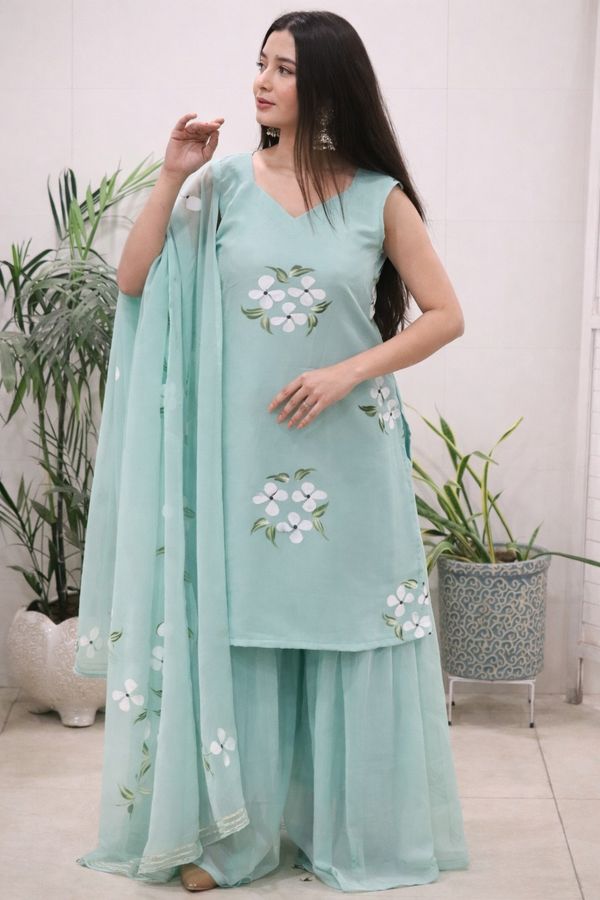 Elegant Mint Green Handpainted Sharara Set with Dupatta