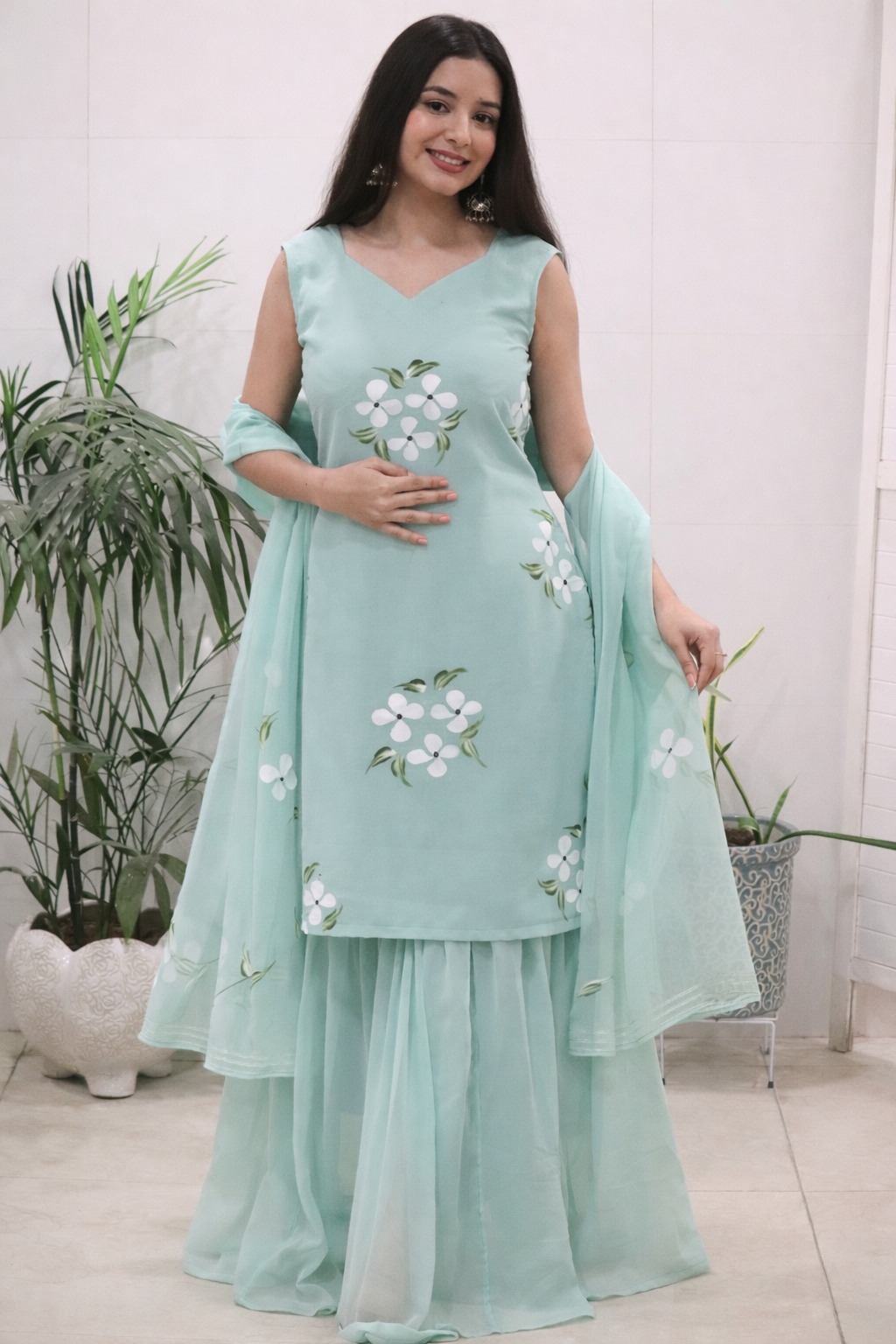 Elegant Mint Green Handpainted Sharara Set with Dupatta