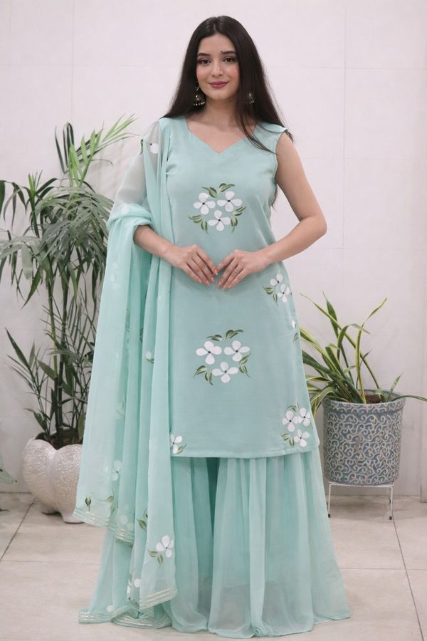 Elegant Mint Green Handpainted Sharara Set with Dupatta