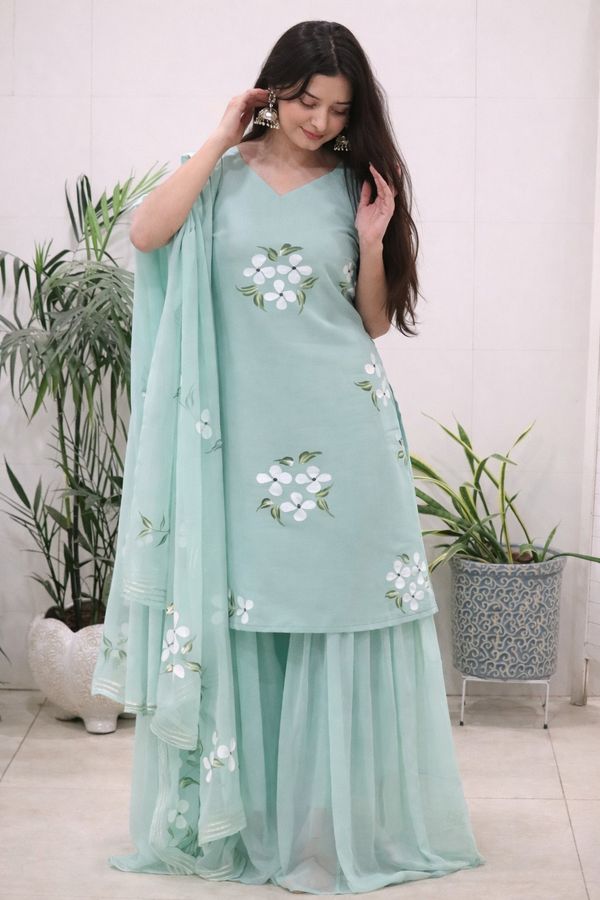 Elegant Mint Green Handpainted Sharara Set with Dupatta