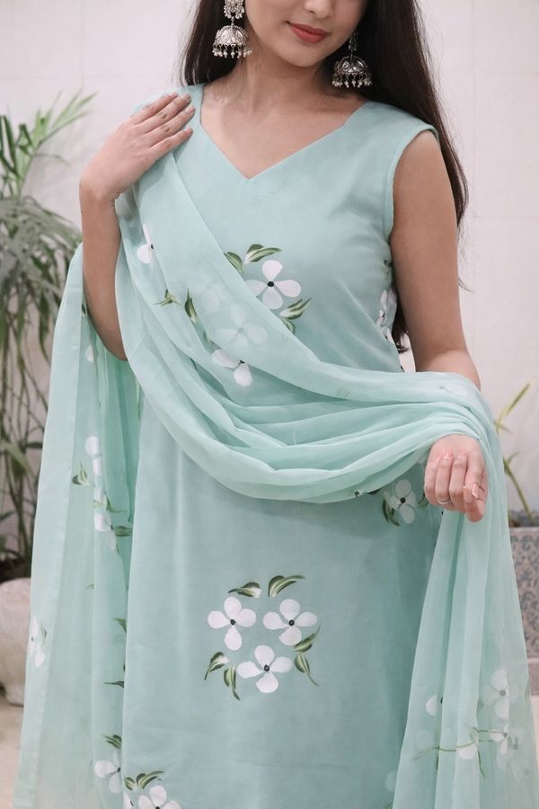 Elegant Mint Green Handpainted Sharara Set with Dupatta