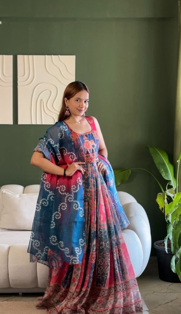 Royal Patola Printed Designer Gown with Elegant Dupatta