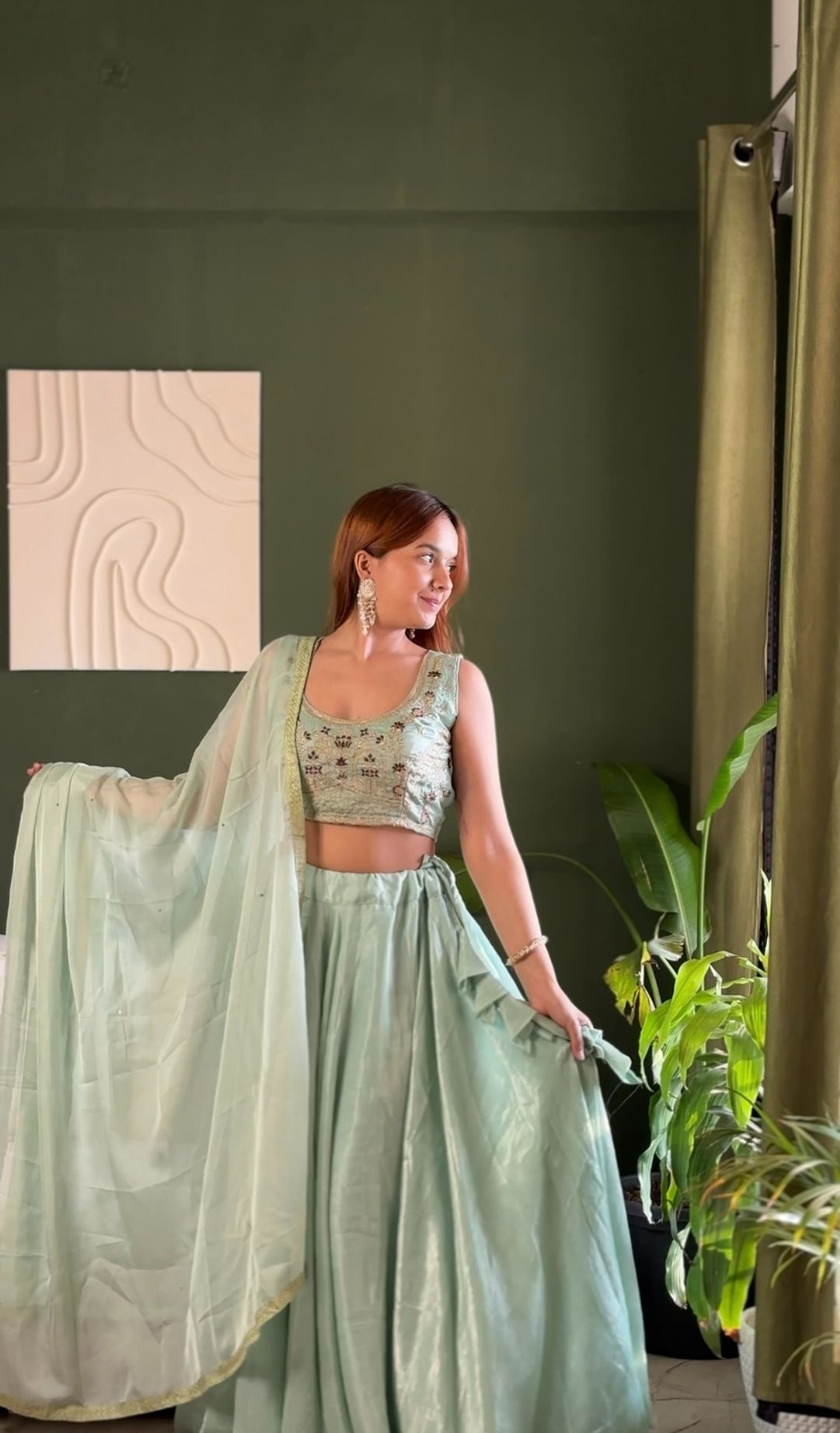 Mint Embroidered Lehenga Set with Net Dupatta for Women