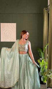 Mint Embroidered Lehenga Set with Net Dupatta for Women - Mint