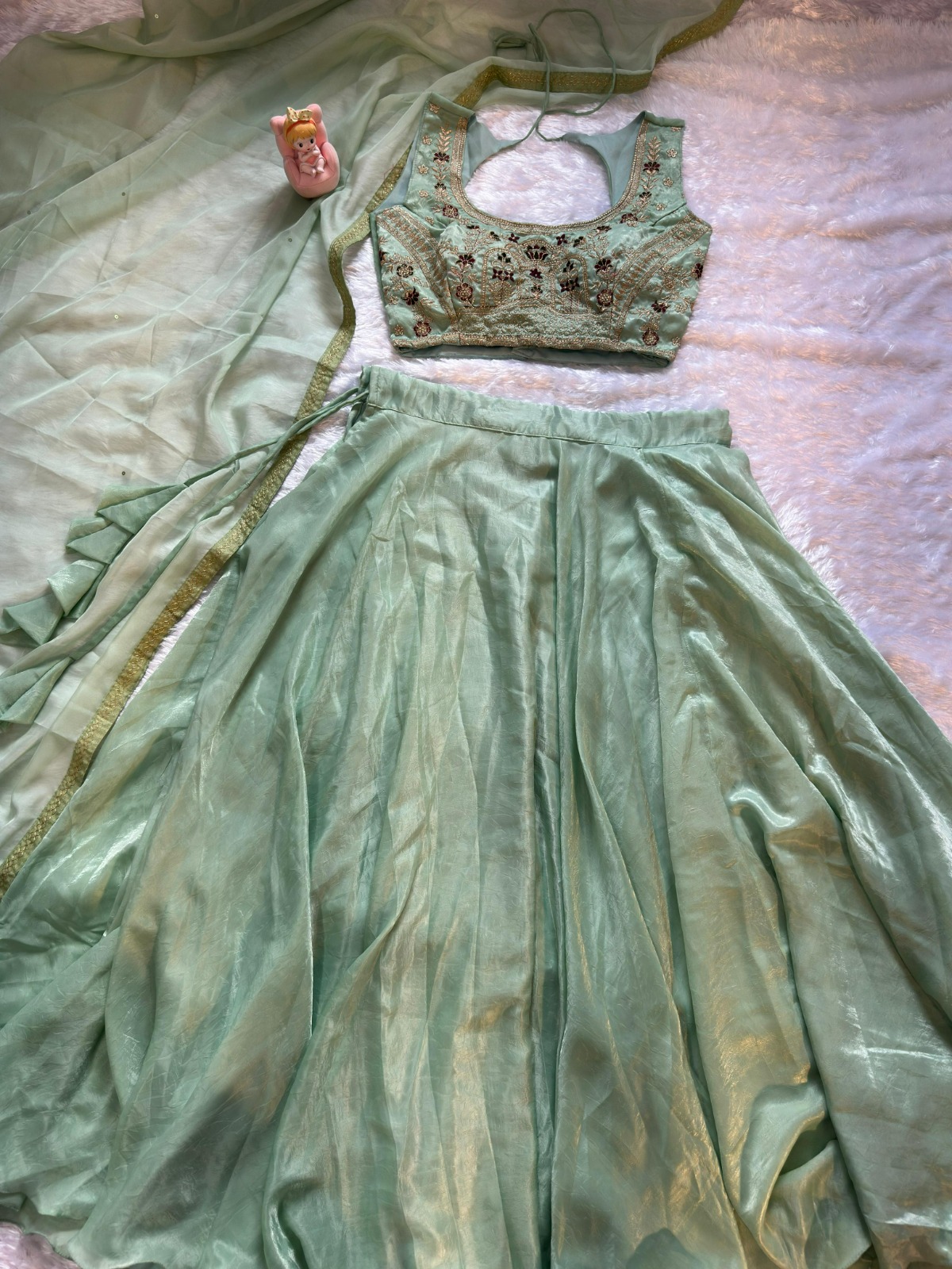 Mint Embroidered Lehenga Set with Net Dupatta for Women