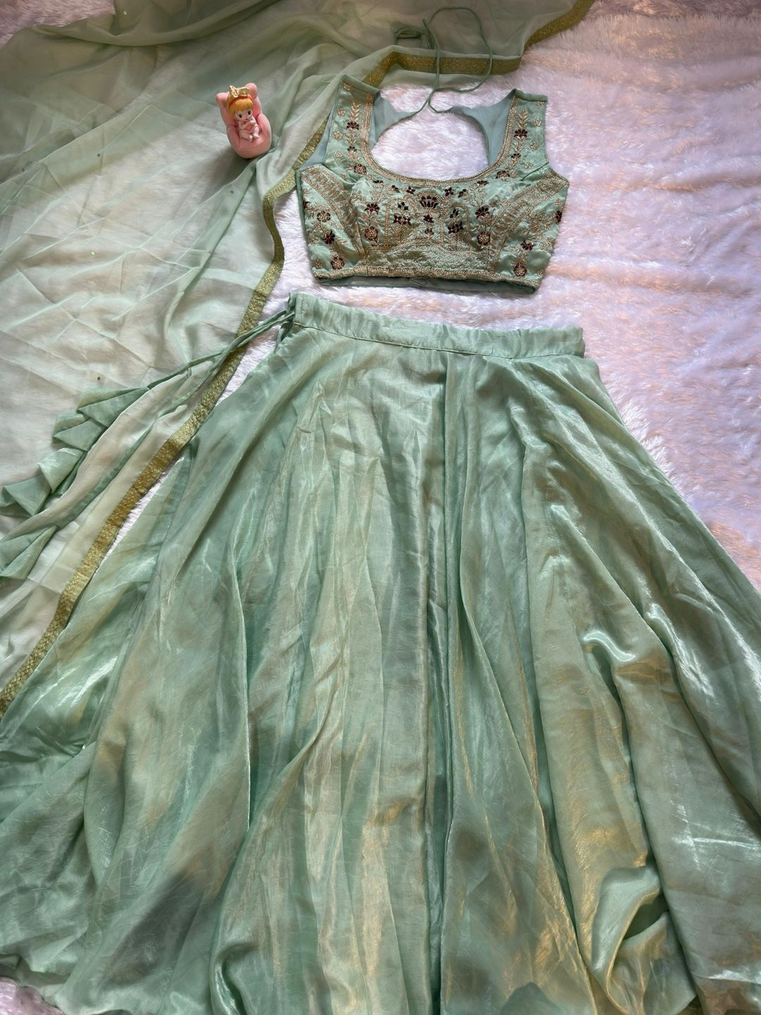 Mint Embroidered Lehenga Set with Net Dupatta for Women