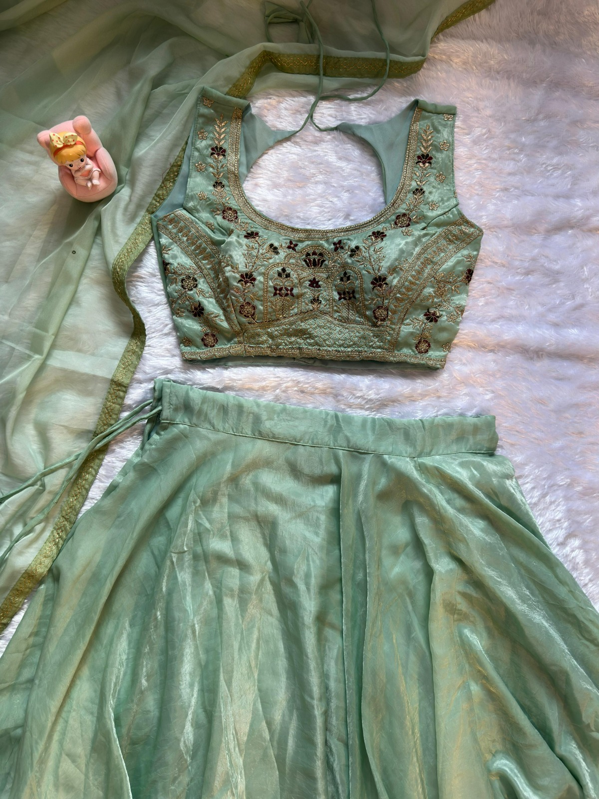 Mint Embroidered Lehenga Set with Net Dupatta for Women